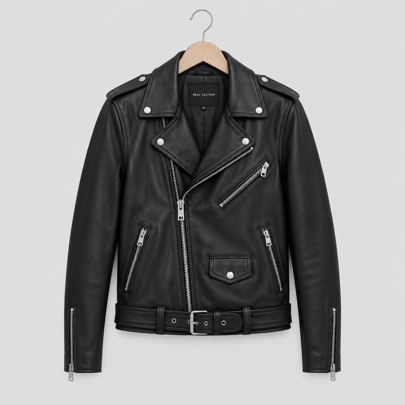 Black vintage leather biker jacket